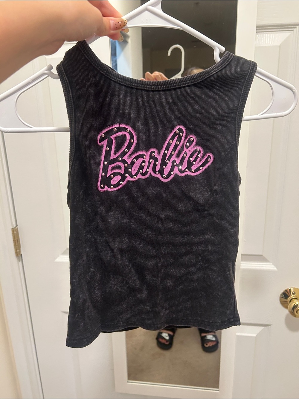 Barbie Black Tank Top with Pink Logo and Stud Details- fashion nova